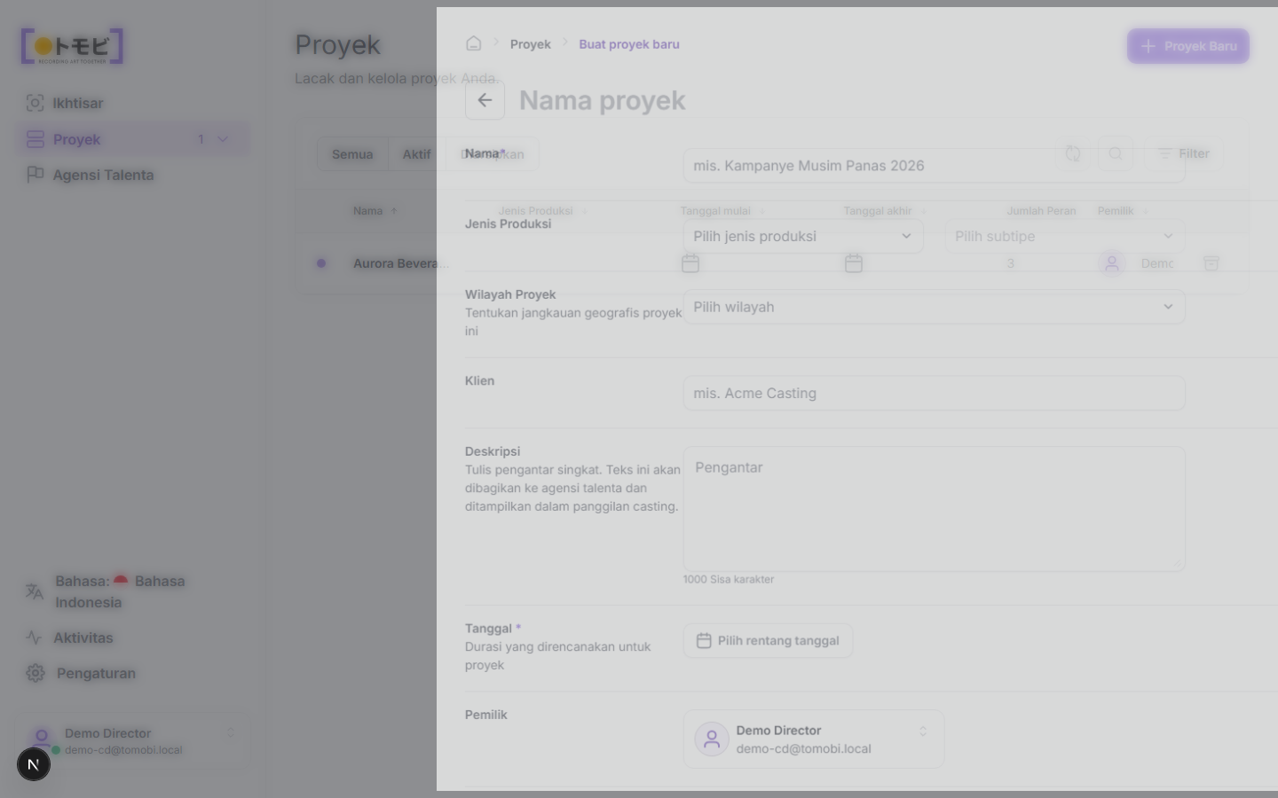 Daftar proyek dengan tombol New Project yang terlihat