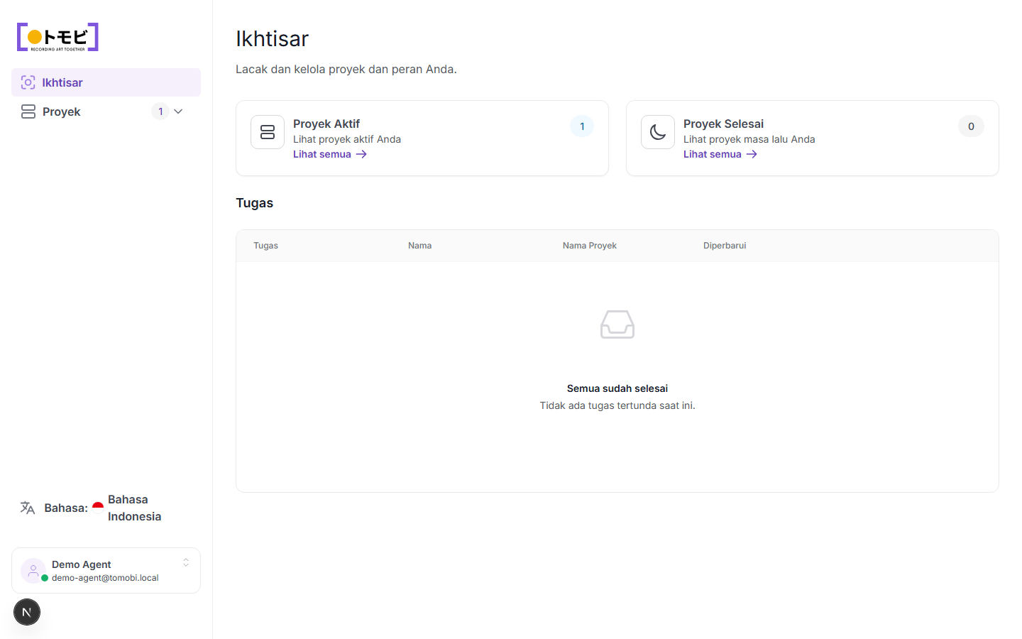 Ikhtisar portal agensi yang menampilkan jumlah proyek aktif dan daftar tugas