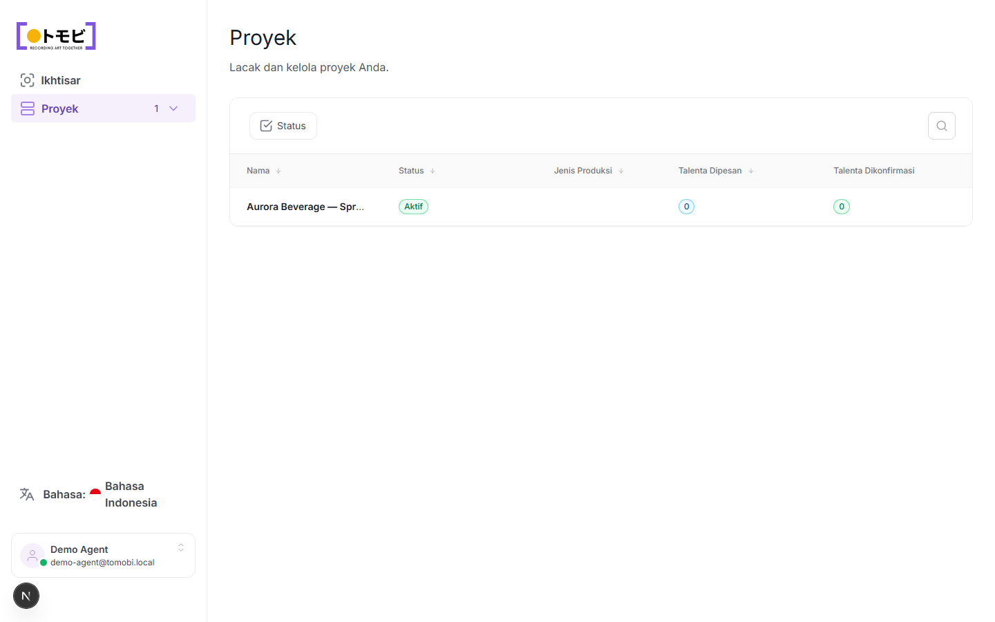 Daftar proyek yang menampilkan kolom tabel untuk Name, Status, Production type, Booked Talents, dan Confirmed Talents