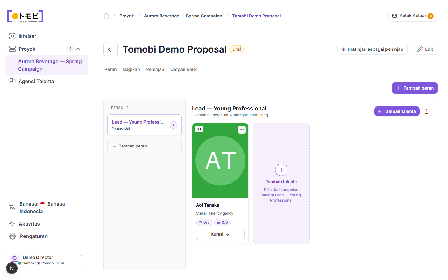 Tomobi Demo Proposal yang menampilkan satu role (Lead — Young Professional) dengan Aoi Tanaka sebagai kandidat dan placeholder Add talent