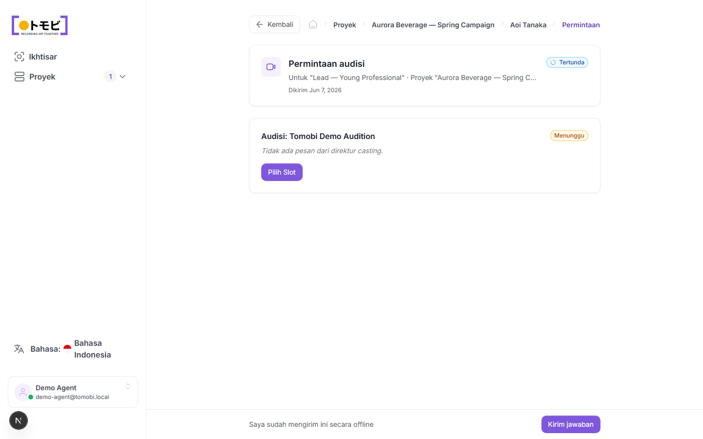 Halaman permintaan audisi yang menampilkan detail permintaan dan tombol Select Slot dengan Submit response di bagian bawah
