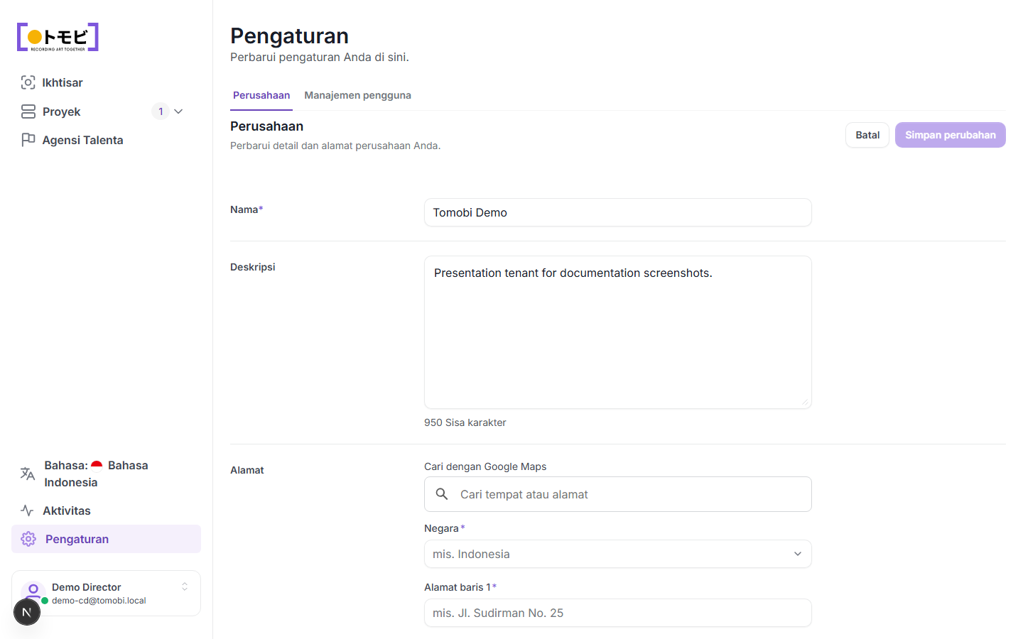 Halaman Settings yang menampilkan tab Company dengan nama "Tomobi Demo" dan kolom deskripsi, serta tab User management yang terlihat di sampingnya