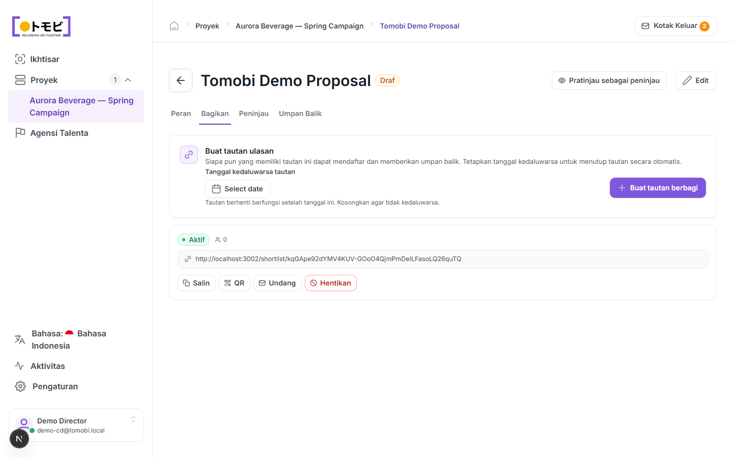 Halaman proposal dengan tab Share dan kontrol tautan peninjau