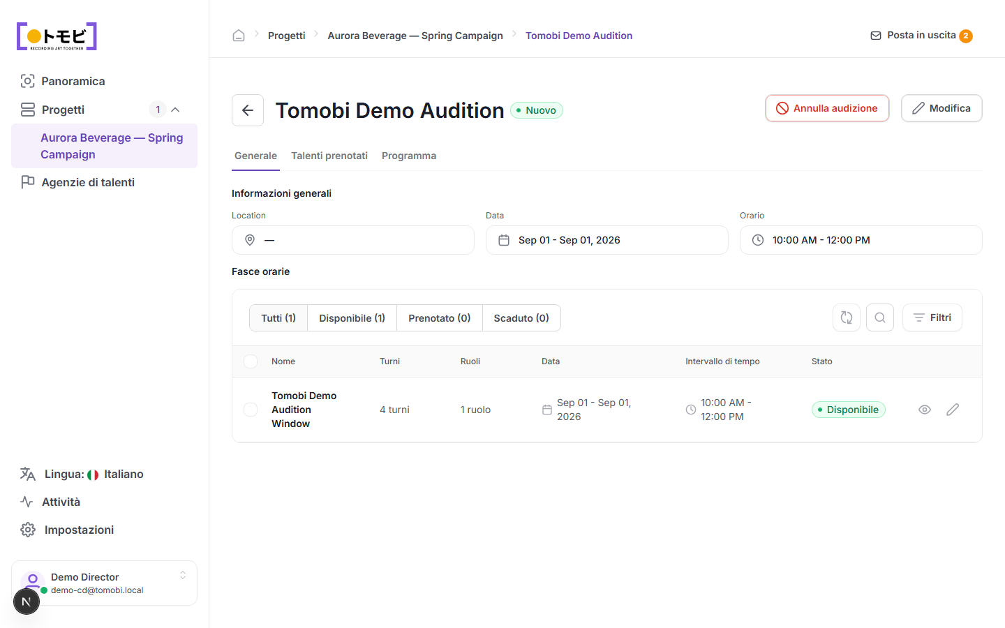 La pagina Tomobi Demo Audition con informazioni generali, data 01 Set 2026, orario 10:00 – 12:00 e una finestra di slot disponibili con 4 slot