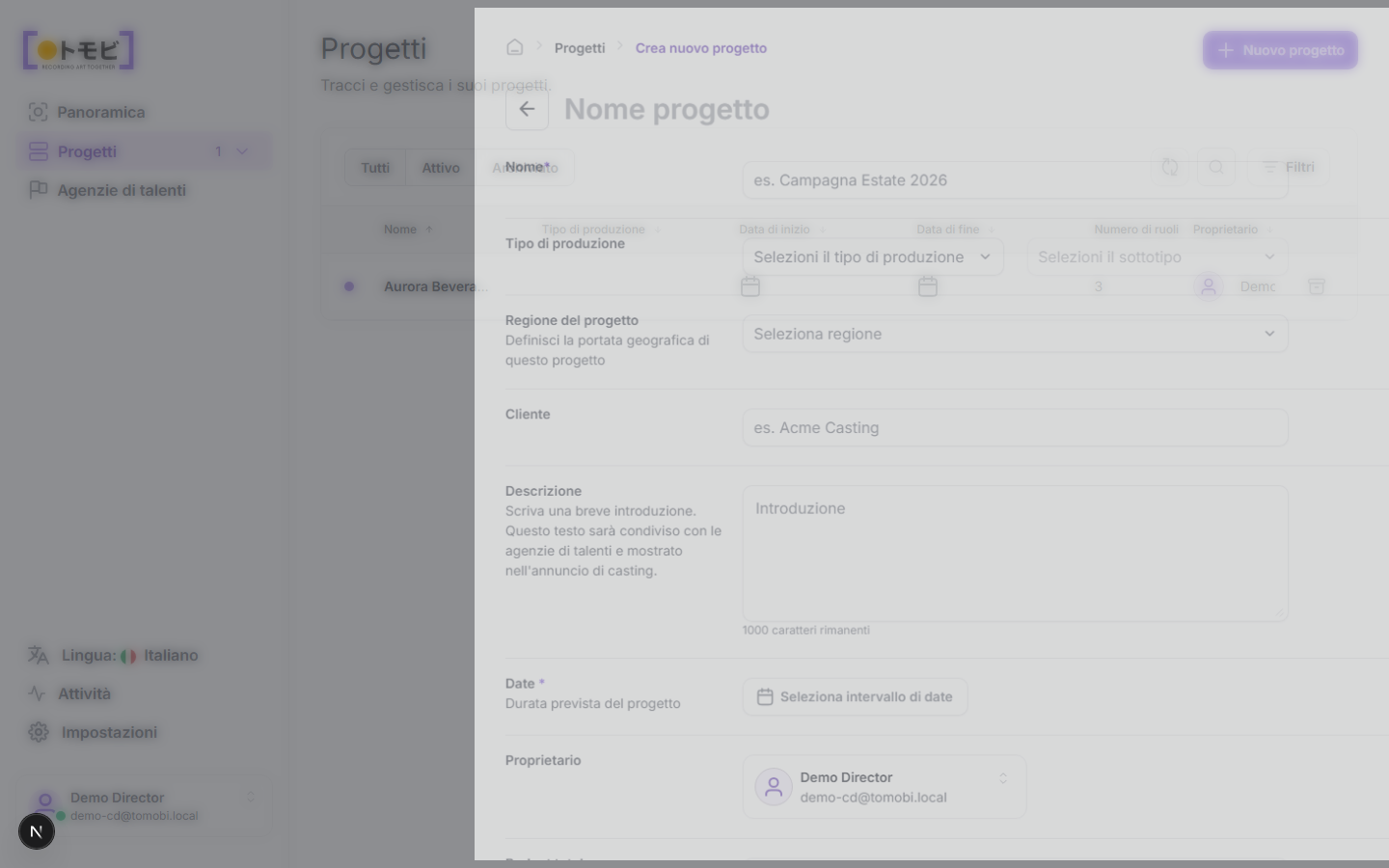La lista dei progetti con il pulsante Nuovo progetto visibile
