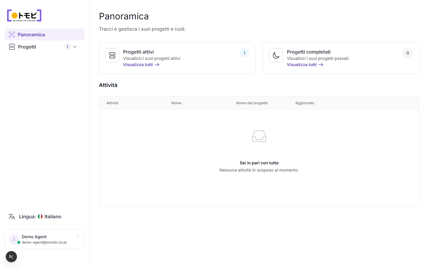 Panoramica del portale agenzia con il conteggio dei progetti attivi e la lista delle attività