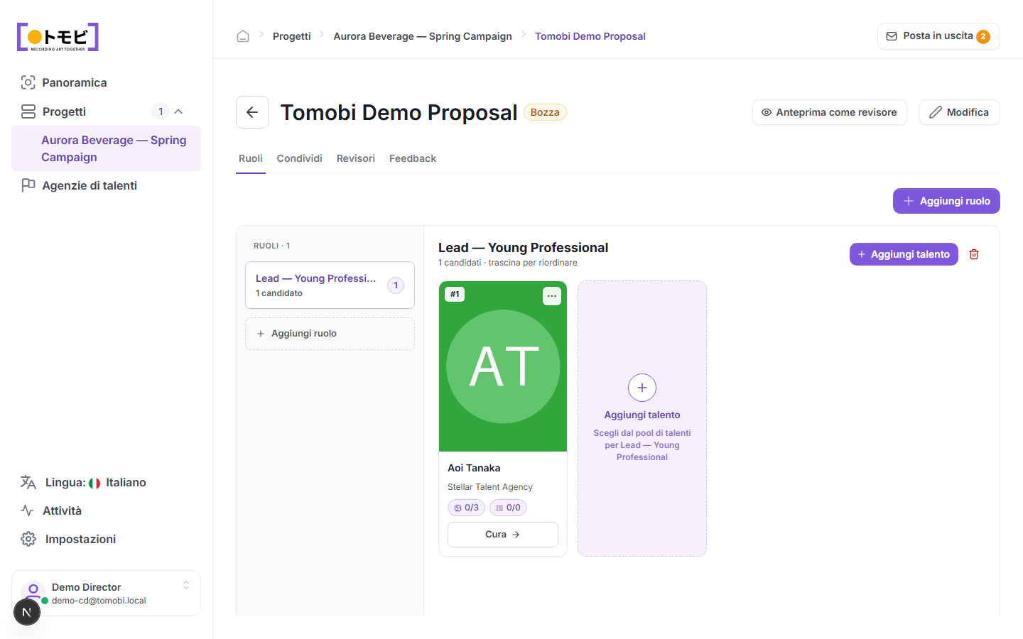 La Tomobi Demo Proposal con un ruolo (Lead — Young Professional) con Aoi Tanaka come candidata e un segnaposto Aggiungi talento