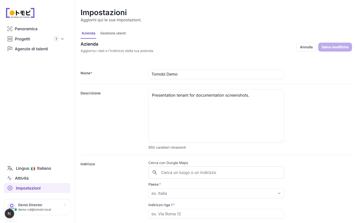 La pagina Impostazioni con la scheda Azienda aperta che mostra il nome "Tomobi Demo" e un campo di descrizione, e la scheda Gestione utenti visibile accanto