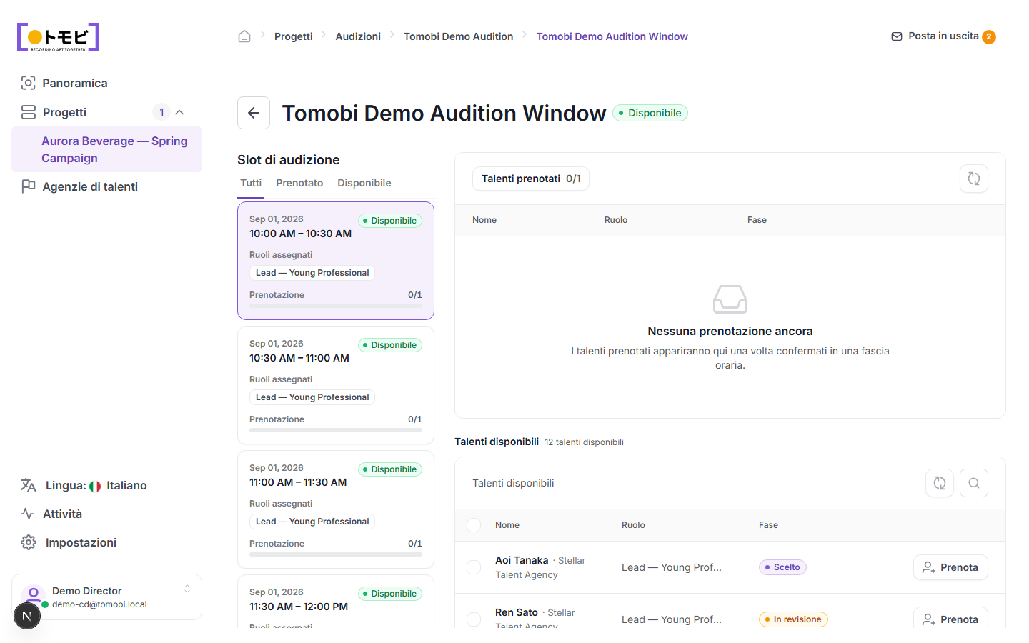 La Tomobi Demo Audition Window che mostra quattro slot da 30 minuti a sinistra (tutti Disponibili, 0/1 prenotati, assegnati a Lead — Young Professional) e un elenco di Talenti disponibili a destra con Aoi Tanaka e Ren Sato di Stellar Talent Agency