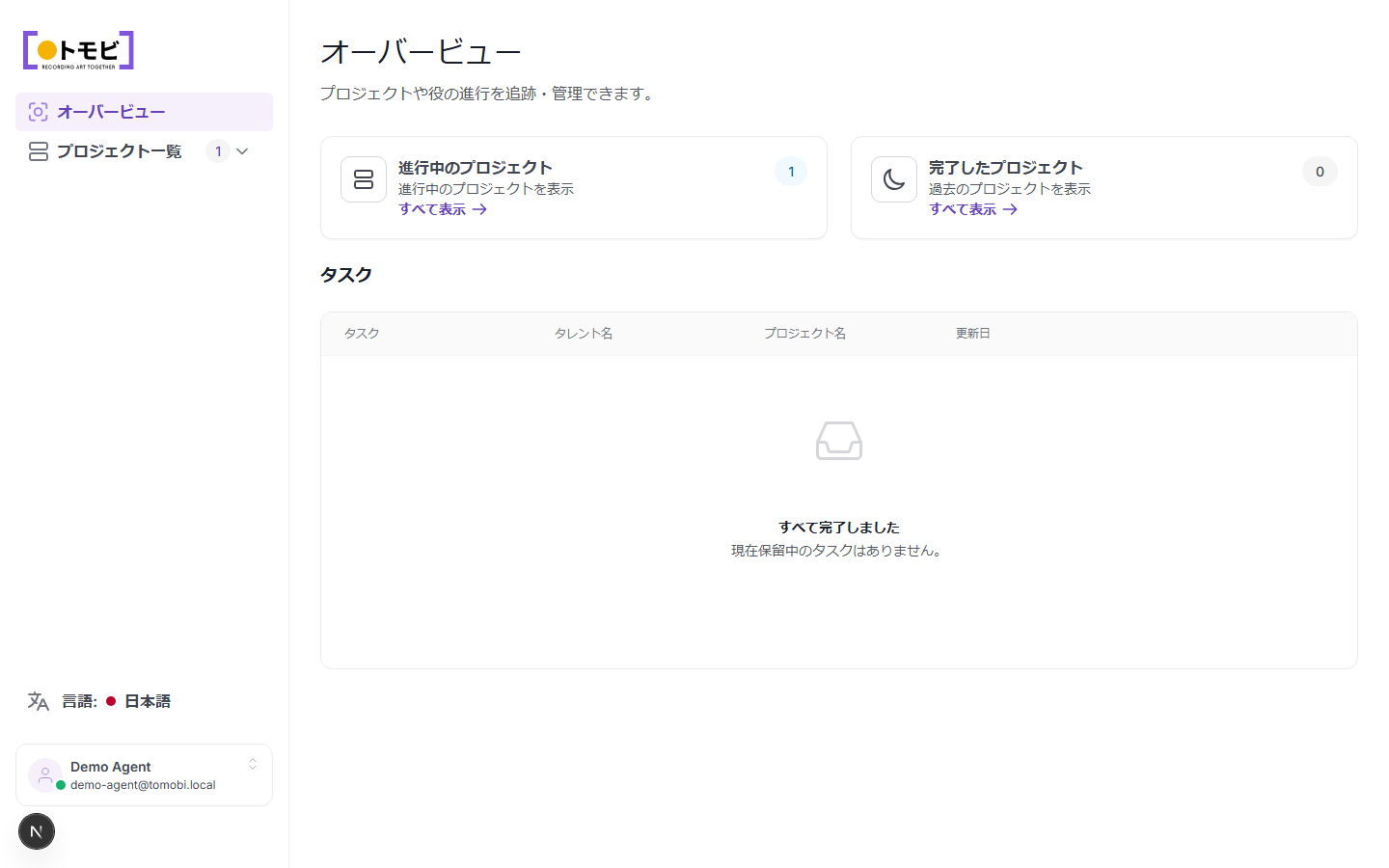 アクティブプロジェクト数とタスク一覧が表示されたエージェンシーポータルのオーバービュー