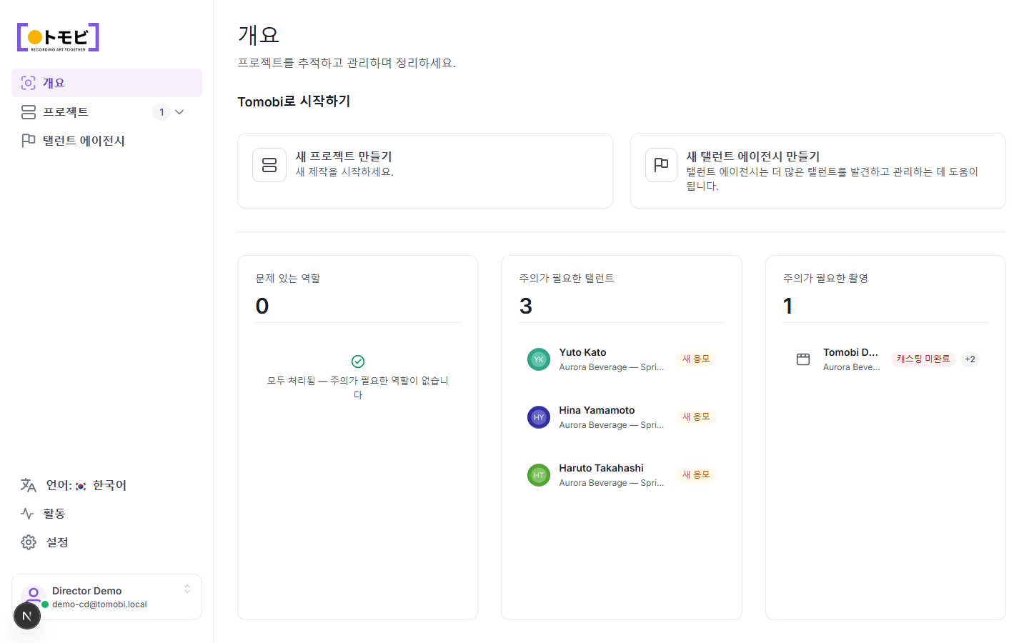 역할, 탤런트, 촬영의 주의 필요 카드가 표시된 Tomobi 캐스팅 디렉터 개요 화면