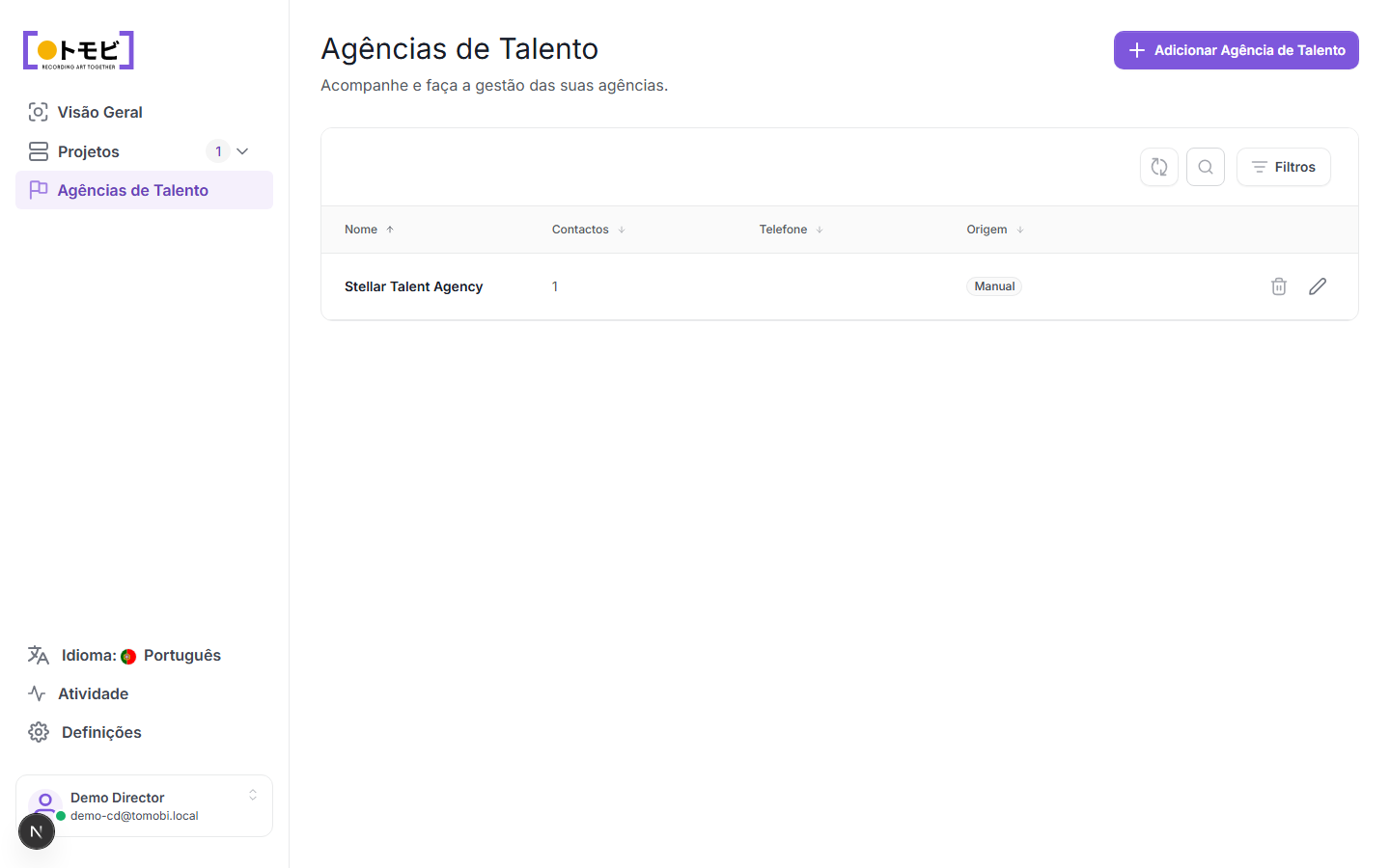 A página Agências de talentos mostrando Stellar Talent Agency com 1 contato e fonte Manual