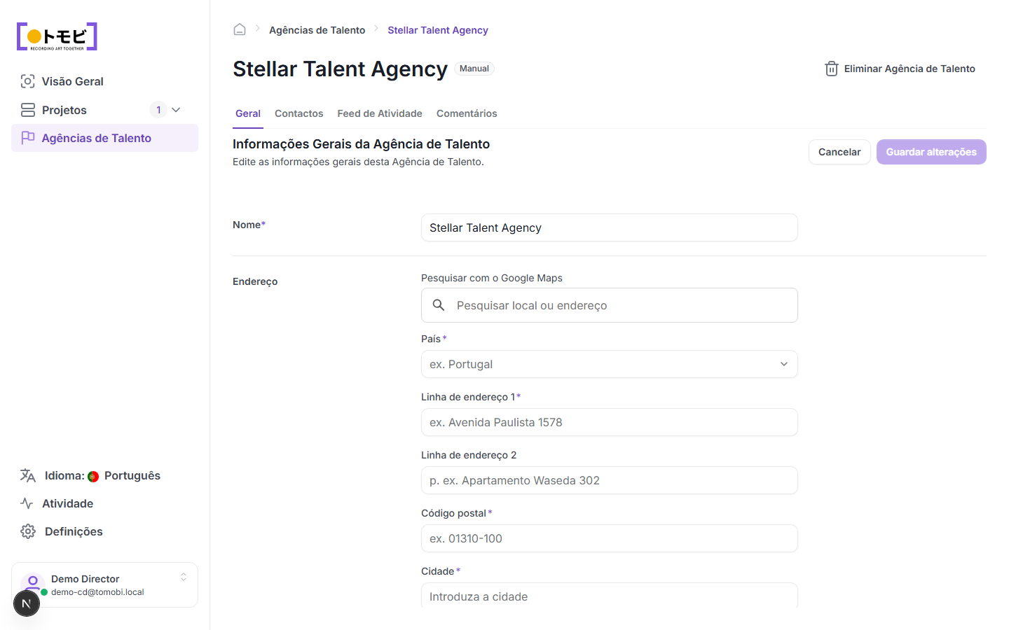 A página de detalhes da Stellar Talent Agency com a aba Geral aberta mostrando o formulário de nome e endereço, e as abas Geral / Contatos / Feed de atividade / Comentários visíveis no topo