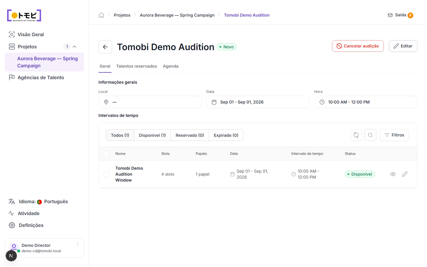 A página Tomobi Demo Audition mostrando informações gerais, data de 01 Set 2026, horário de 10:00 – 12:00 e uma janela de slot disponível com 4 slots