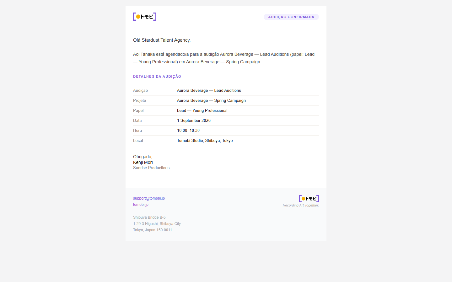 E-mail de confirmação de audição