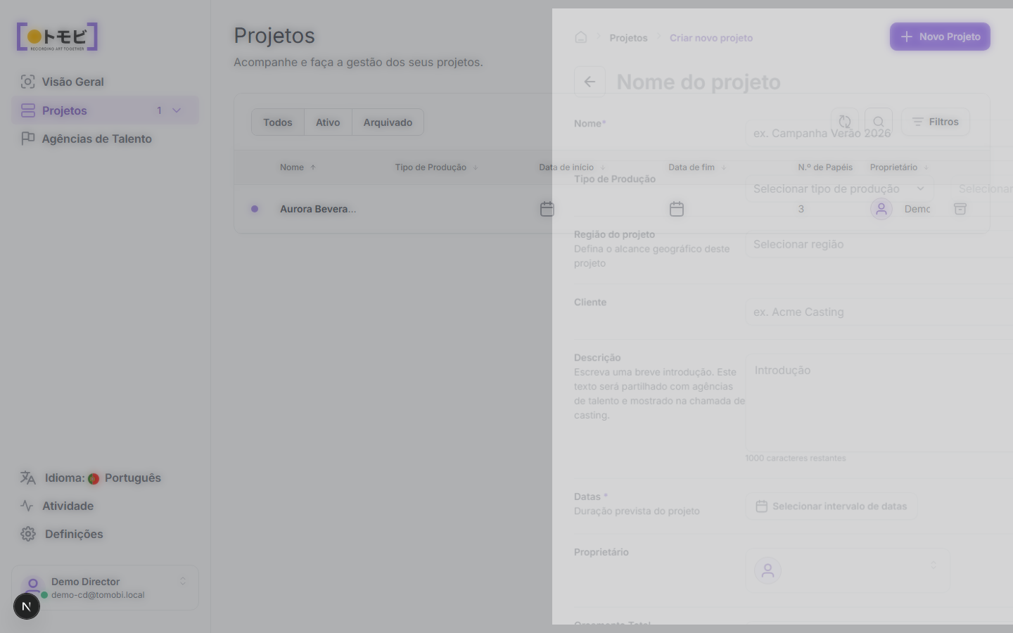 A lista de projetos com o botão Novo projeto visível