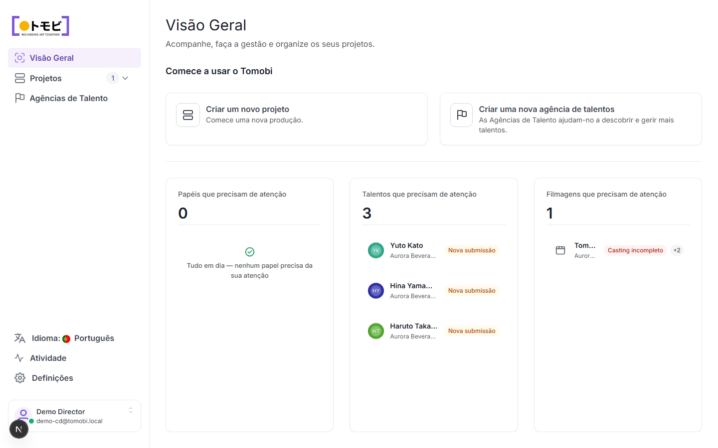 A tela de visão geral do diretor de casting do Tomobi com cartões de atenção para papéis, talentos e filmagens