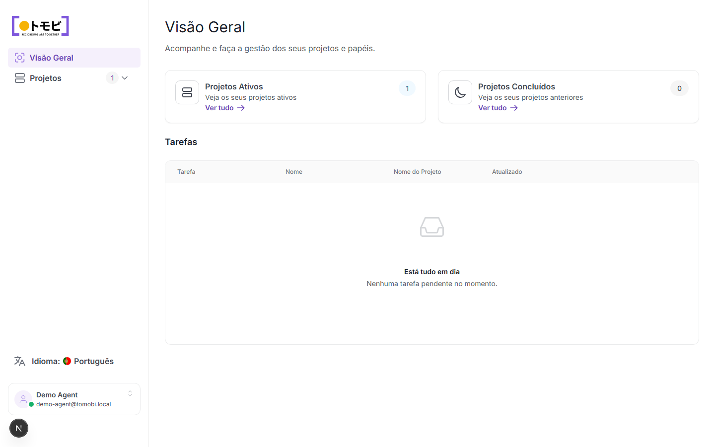 Visão geral do portal de agências mostrando a contagem de projetos ativos e a lista de tarefas