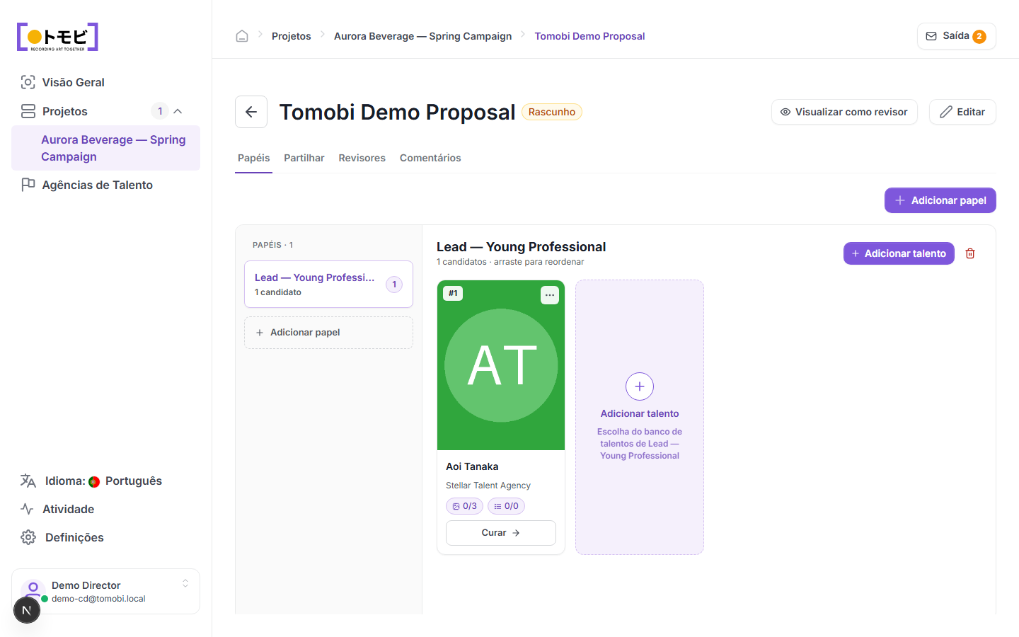 A Tomobi Demo Proposal mostrando um papel (Lead — Young Professional) com Aoi Tanaka como candidata e um espaço reservado para Adicionar talento