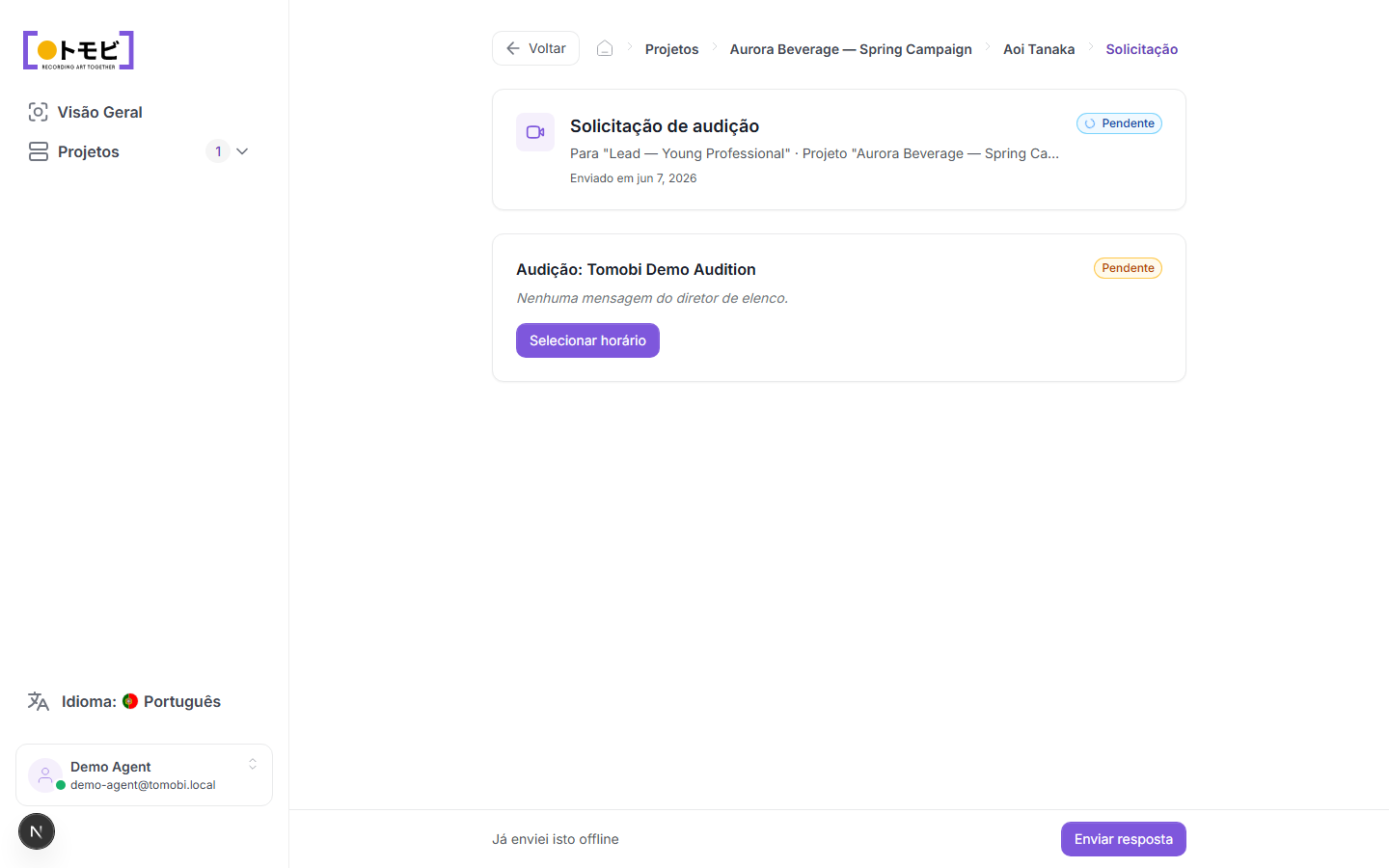 Página de solicitação de audição mostrando detalhes da solicitação e um botão Selecionar slot com Enviar resposta na parte inferior