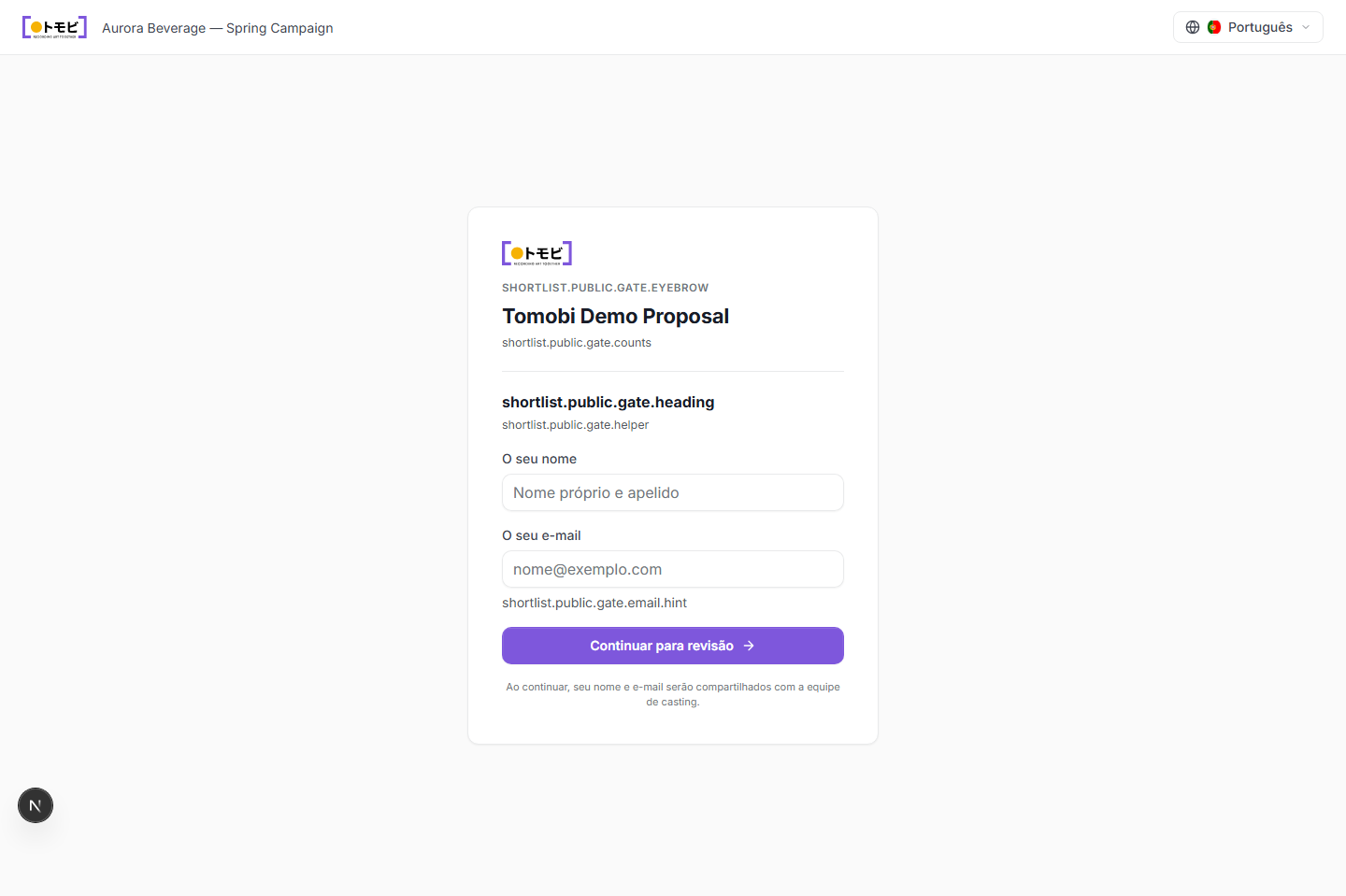 A tela de entrada do revisor pedindo nome e e-mail antes de continuar para a proposta