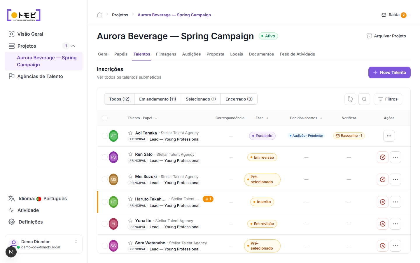 A mesma aba Talentos com o filtro Em jogo selecionado, mostrando 11 candidaturas ainda em análise
