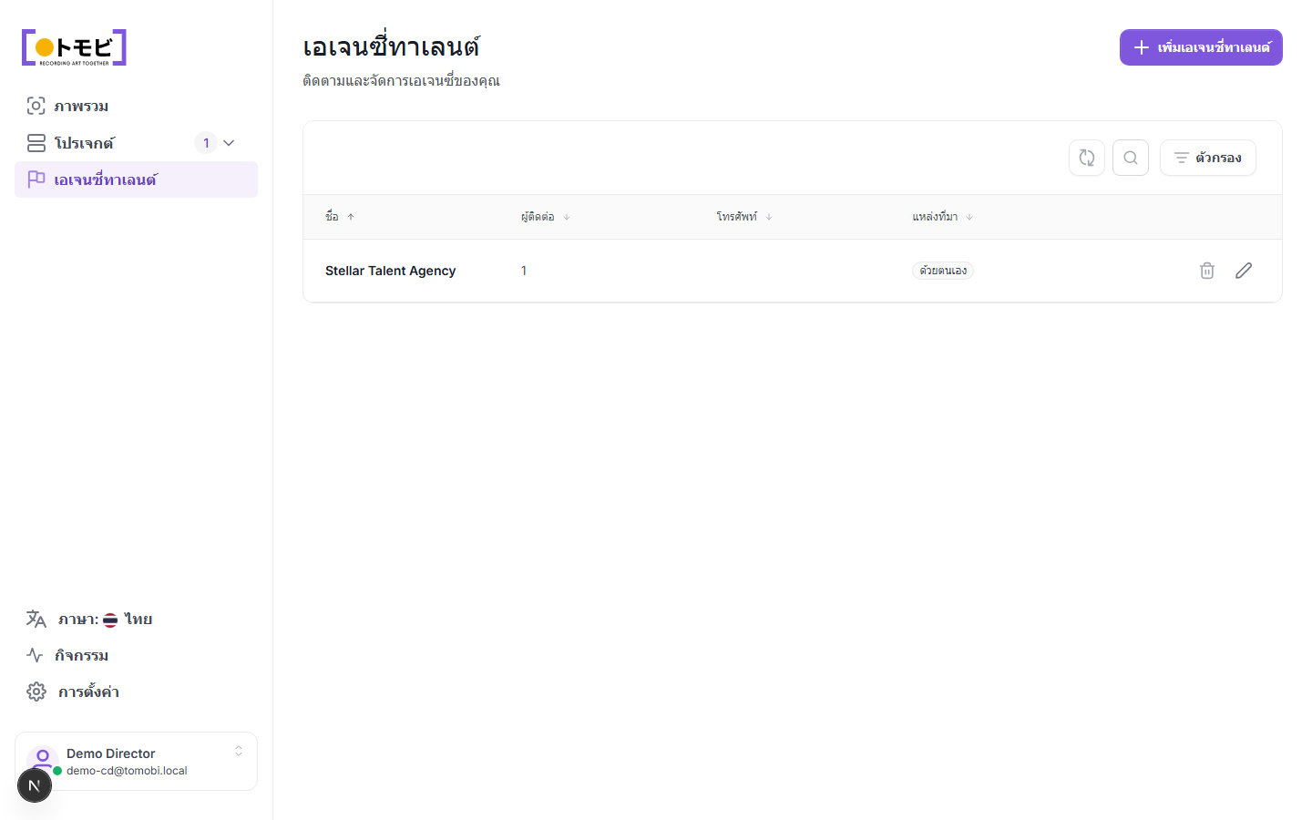 หน้า Talent Agencies ที่แสดง Stellar Talent Agency พร้อมผู้ติดต่อ 1 คนและแหล่ง Manual