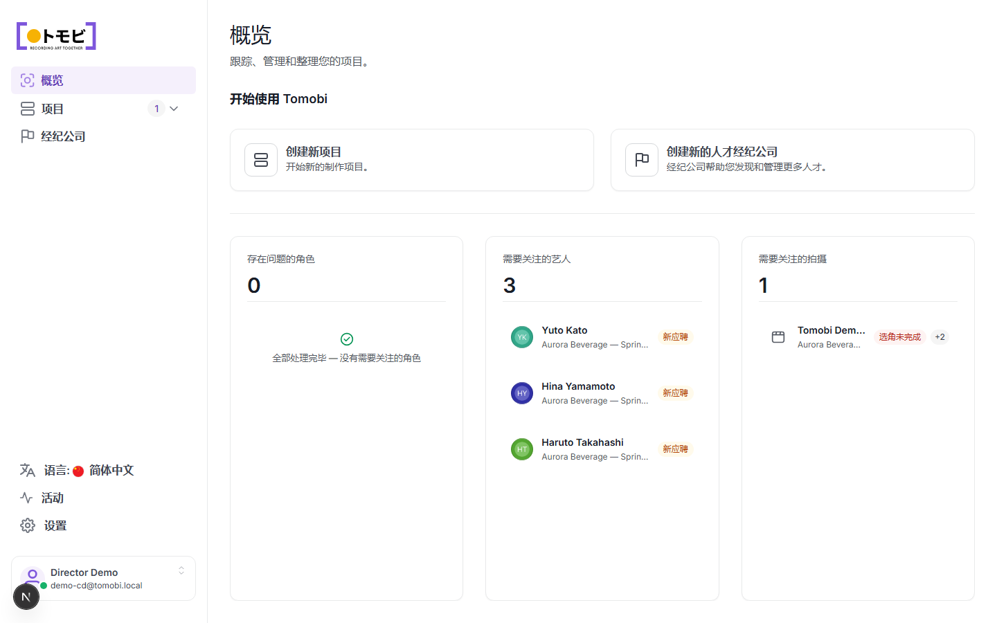 Tomobi 选角导演概览页面，显示角色、演员和拍摄的待办卡片