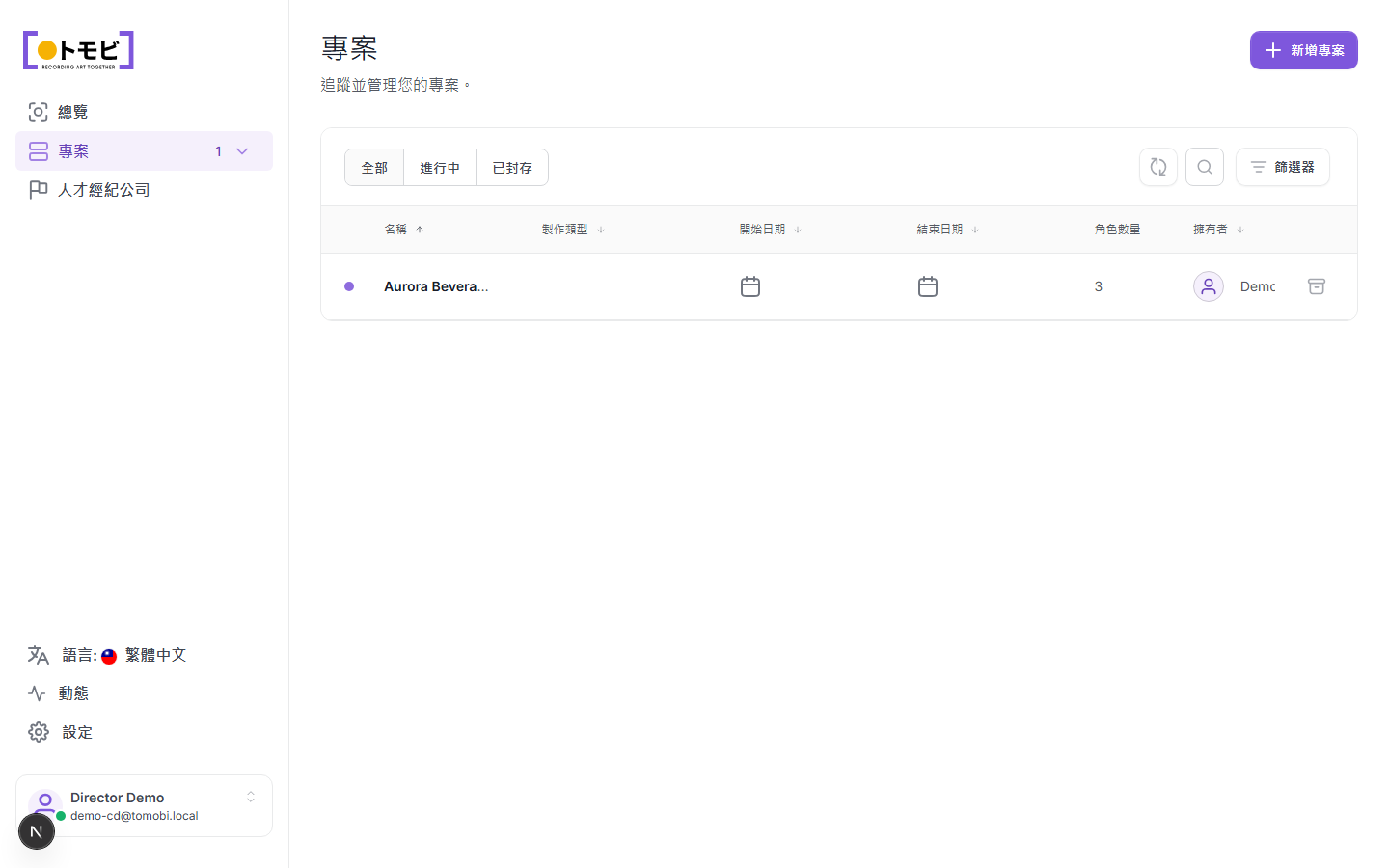 專案列表,顯示 Aurora Beverage——春季推廣專案,含三個角色